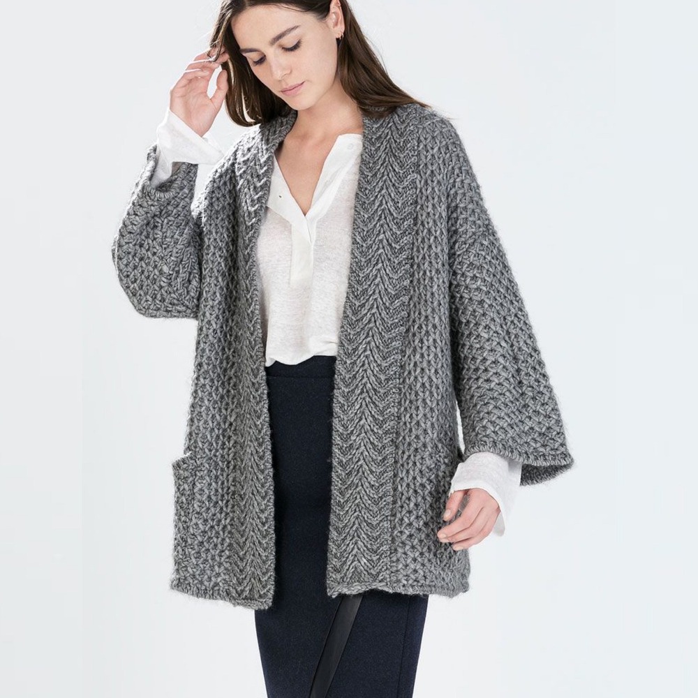 Zara Grey Chunky Knit Cardigan Sweater Womens Size Medium Italian Yarn Pockets‎